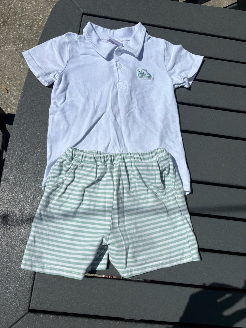 Stitchy Fish Golf Polo & Mint Stripe Shorts Set size 5